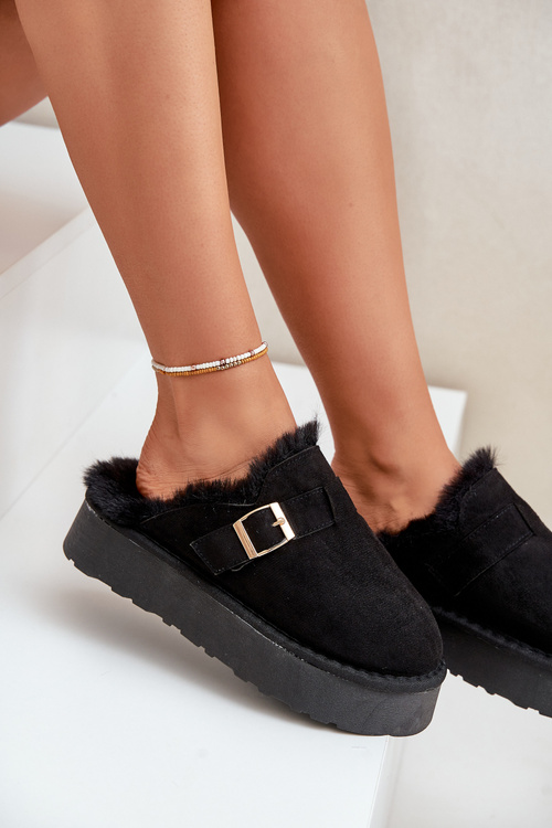 Kapcie Damskie Na Grubej Podeszwie Z Futerkiem I Klamrą Czarne Linneola