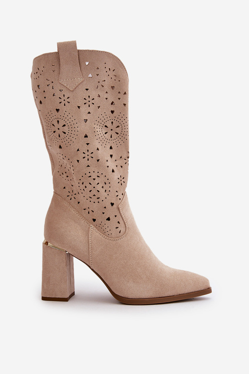 Ażurowe Botki Damskie Na Słupku Z Noskami W Szpic Eko Zamszowe Beżowe Nevithra