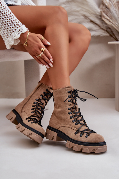 Ocieplane Zamszowe Botki Workery Wiązane Brązowe Pierro