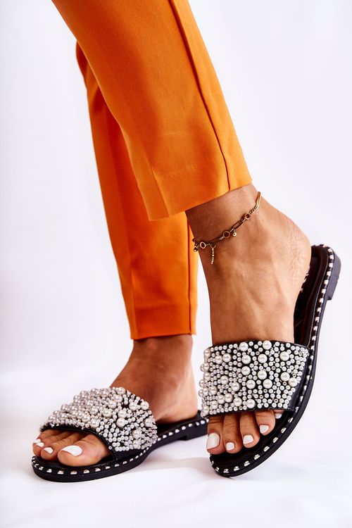 Damskie Klapki Z Perełkami Czarne Vamero