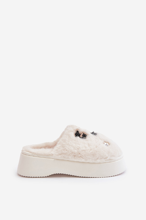 Futrzane Kapcie Damskie Na Grubej Podeszwie Z Przypinkami Jasnobeżowe Zintoria