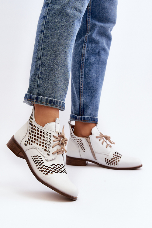 Zazoo 2704 Skórzane Ażurowe Botki Białe