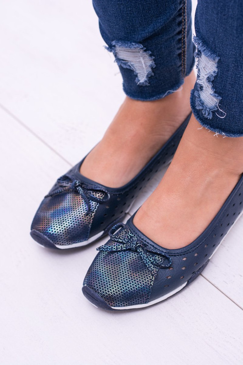 Damskie Skórzane Granatowe Ażurowe Balerinki Erdola