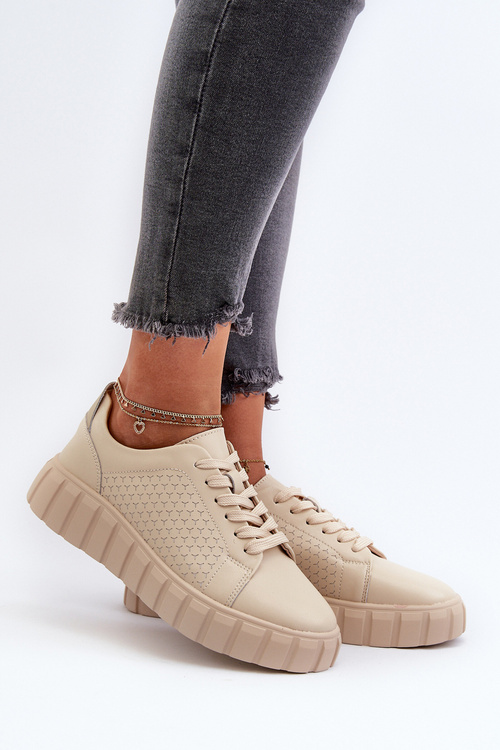Skórzane Sneakersy Damskie Na Platformie Beżowe Eselmarie