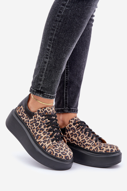 Skórzane Sneakersy Na Platformie W Panterkę Zazoo 3346 Brązowo-Czarne