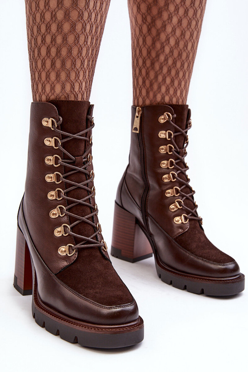 Masywne Sznurowane Botki Na Słupku Brązowe Lathia