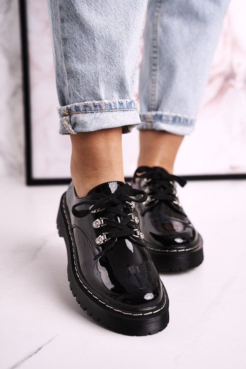 Damskie Półbuty Oxfordy Na Platformie S.Barski HX15 Lakierowane Czarne