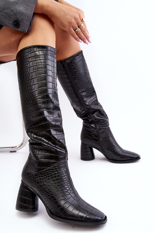 Damskie Kozaki Do Kolana Na Słupku Wężowy Wzór Czarne Ceriona