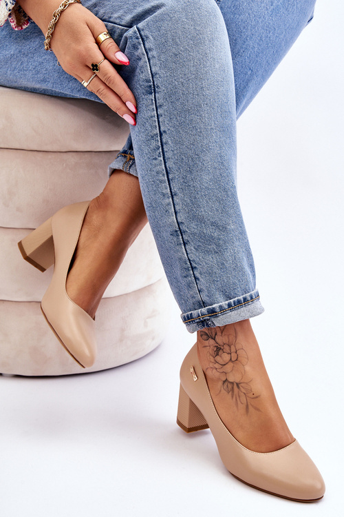 Skórzane Czółenka Na Słupku Sergio Leone PB178 Beżowe