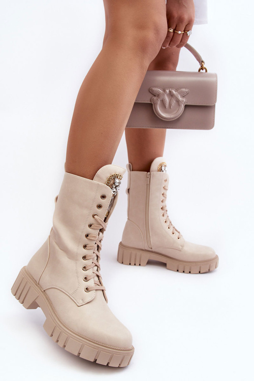 Skórzane Botki Workery Z Biżuteryjną Ozdobą Beżowe Marx