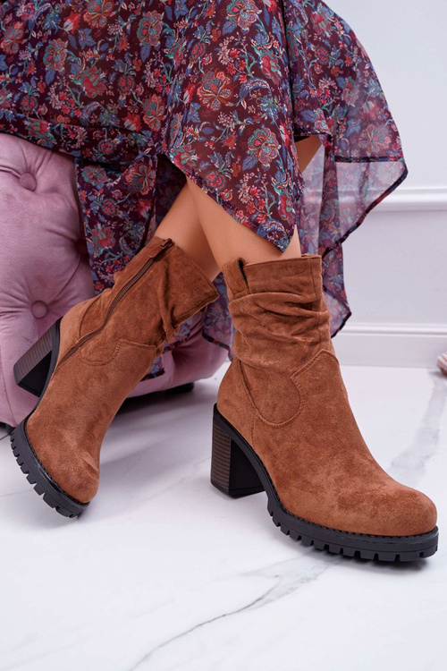 Botki Damskie Na Słupku Zamsz Camel Celma