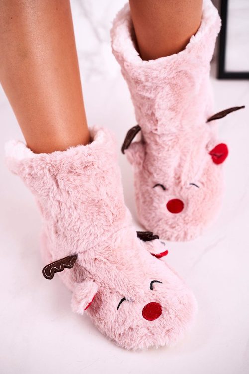 Świąteczne Papcie Z Reniferem Ocieplone Kożuszkiem Różowe Rudolph