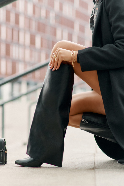 Ocieplane Kozaki Na Szpilce Z Wywiniętą Cholewką Czarne Tamonia