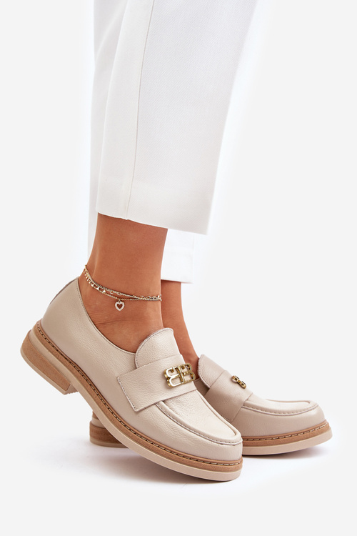 Zazoo 20174 Skórzane Eleganckie Półbuty Damskie Na Płaskim Obcasie Beżowe