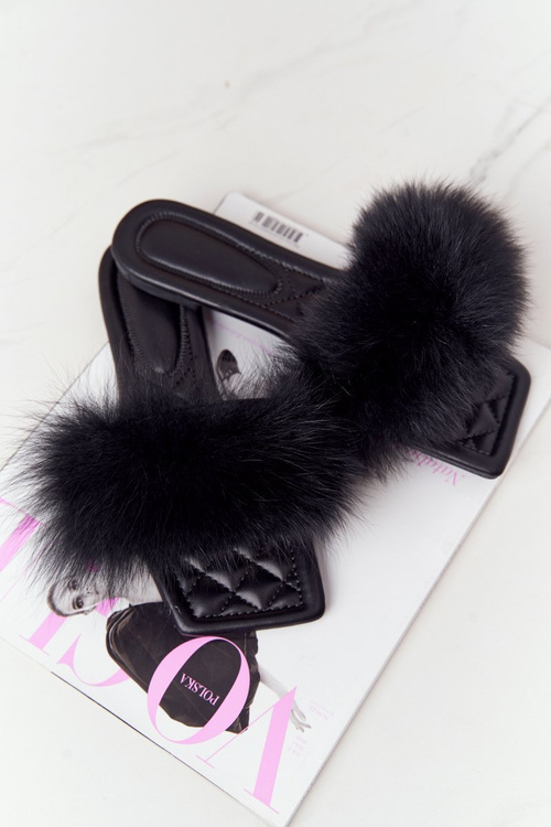 Skórzane Klapki Z Futerkiem Czarne Love You So