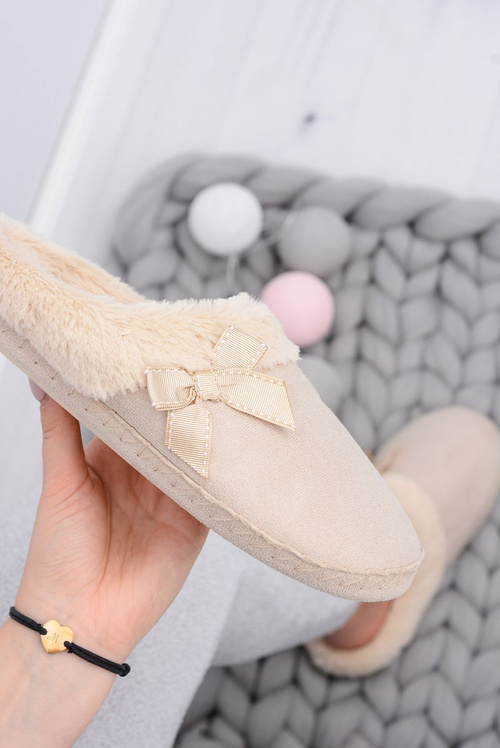 Klapki Damskie Z Futerkiem I Kokardką SOXO Beżowe