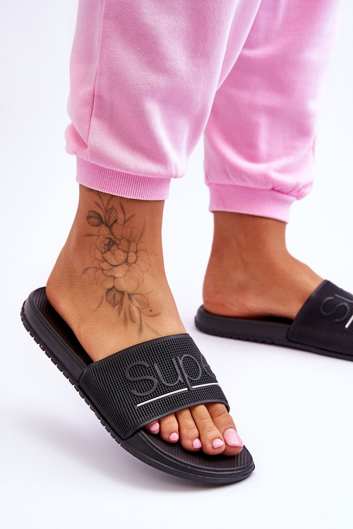 Lekkie Damskie Klapki Z Napisem Czarne Merry