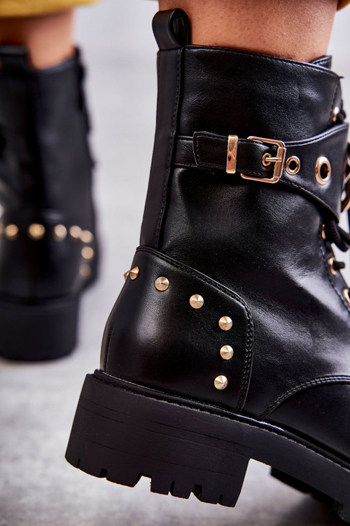 Skórzane Damskie Botki Z Ćwiekami Czarne Leticia