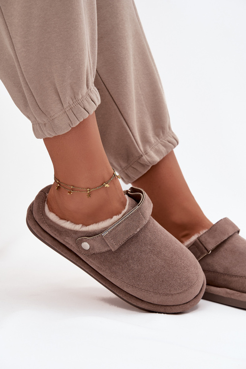 Kapcie Damskie Z Paskiem Ocieplane Futerkiem Ciemnobeżowe Rilena