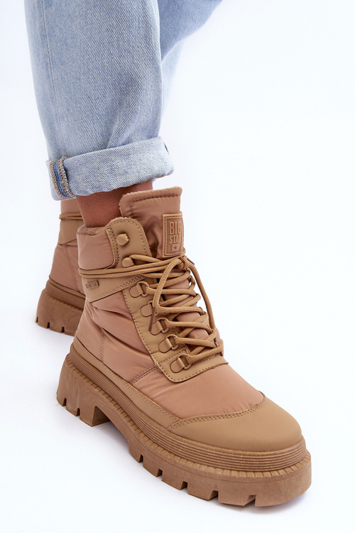 Damskie Trapery Botki Ocieplane Na Platformie I Płaskim Obcasie Big Star MM274340 Beżowe