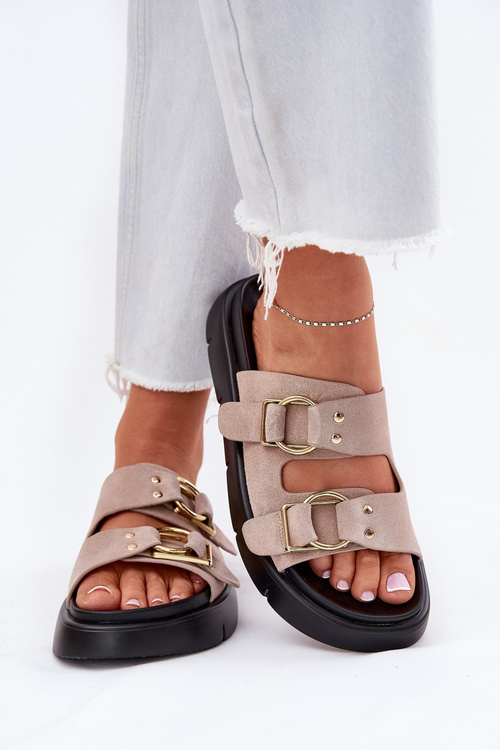 Zamszowe Klapki Damskie Z Ozdobnymi Klamrami Big Star RR274659 Jasnoróżowe