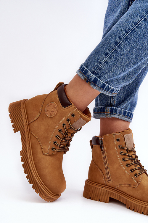 Skórzane Ocieplane Botki Trapery Camel Felizia