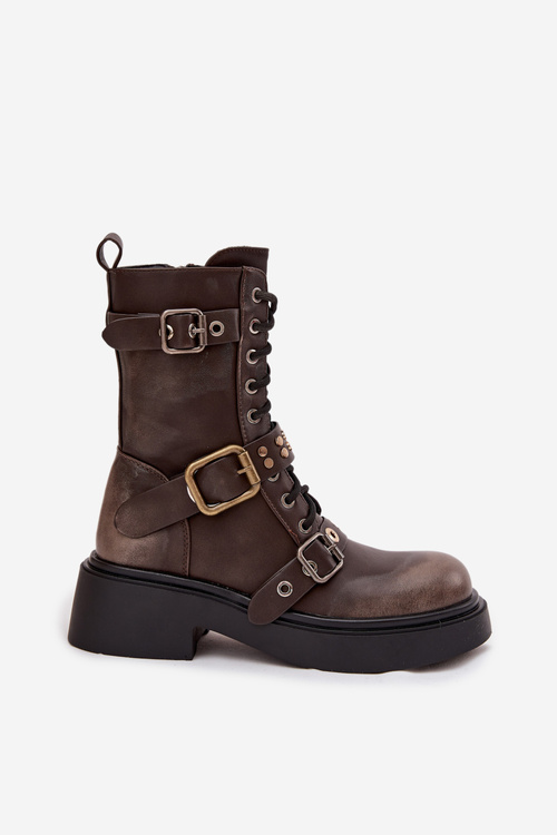 Ocieplane Botki Workery Damskie Z Klamrami Brązowe Marisse