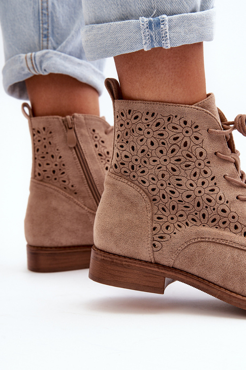 S.Barski HY66-136 Damskie Botki Ze Wzorem Beżowe