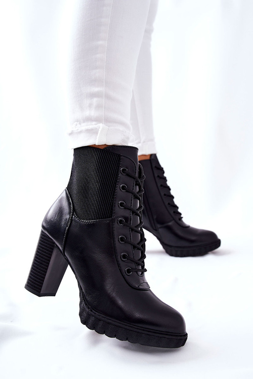 Skórzane Botki Na Słupku Wysokie Czarne Joyte