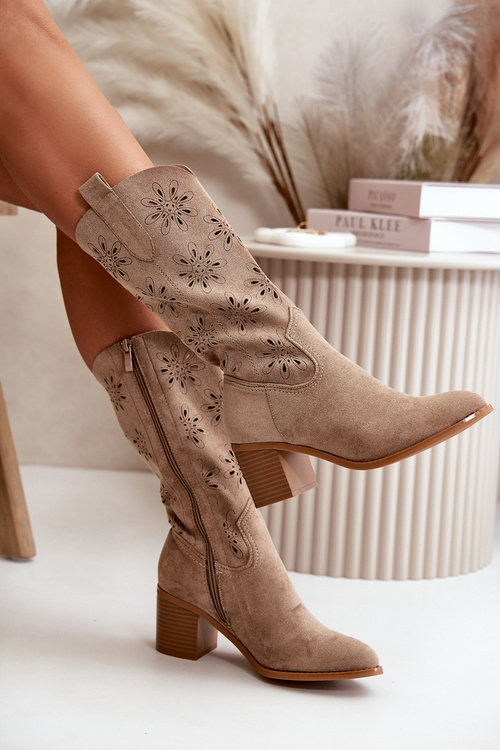 Damskie Ażurowe Kozaki Do Połowy Łydki Z Eko Zamszu Beżowe Nevilos