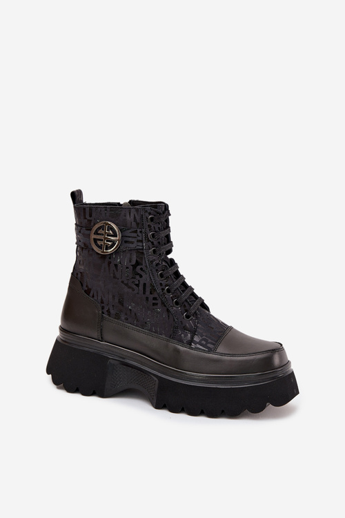 Skórzane Botki Damskie Na Platformie Z Napisami I Ozdobnym Detalem Artiker 57C2273 Czarne