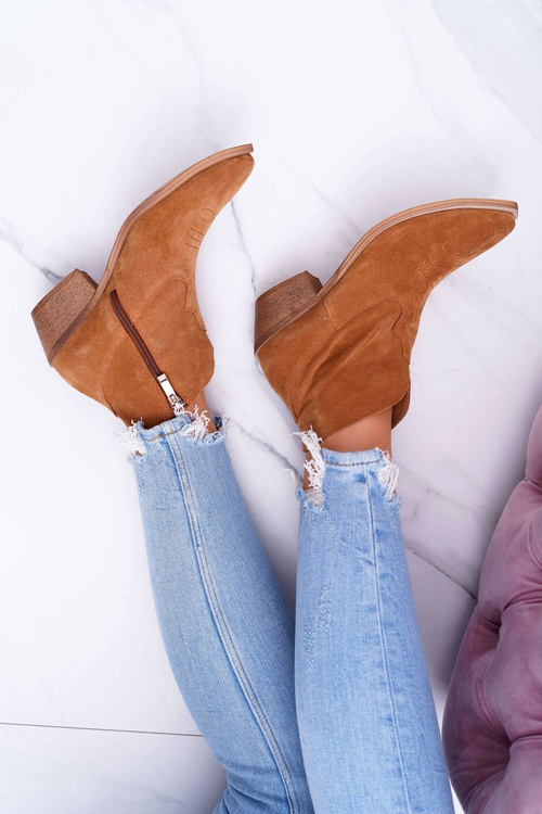 Botki Damskie Płaski Obcas Wiosenne Skórzane Kowbojki Camel Batty