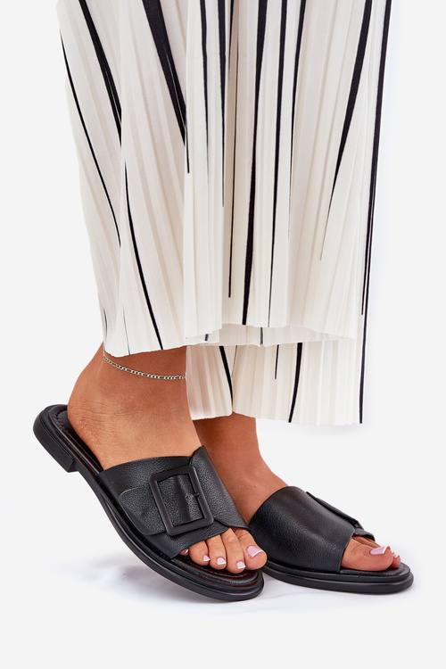 Skórzane Klapki Damskie Z Klamrą D&A SJ2302-01 Czarne