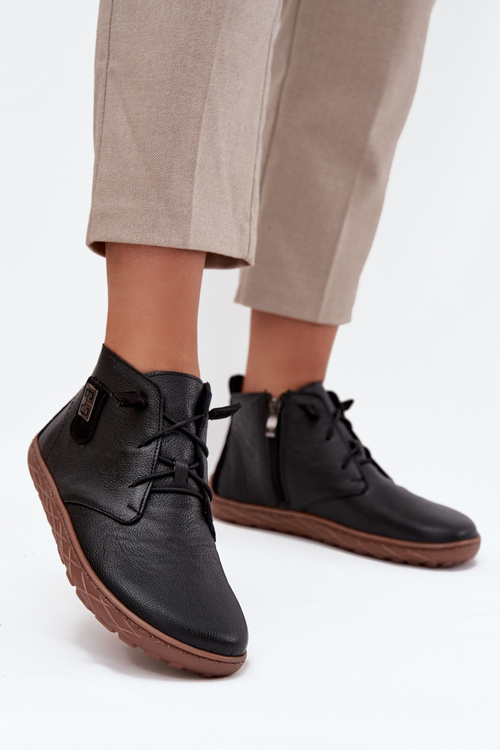 Skórzane Półbuty Barefoot Damskie Z Ozdobnym Detalem Zazoo 30072 Czarne