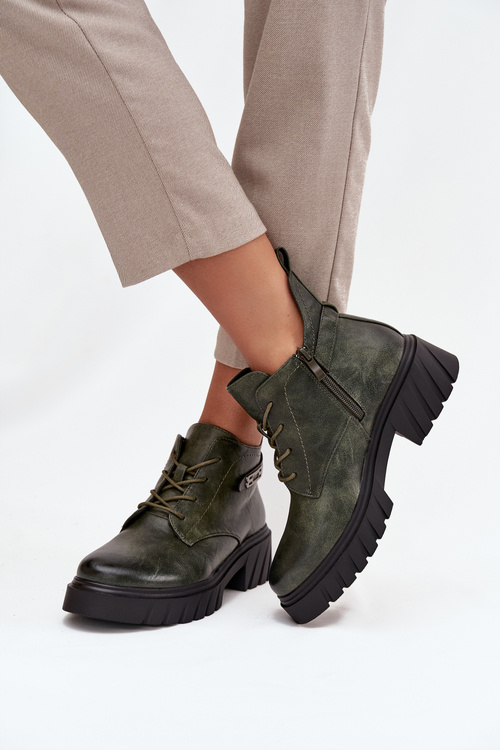 Niskie Ocieplane Botki Damskie Na Klocku Z Ozdobnym Paskiem Ciemnozielone Therisse