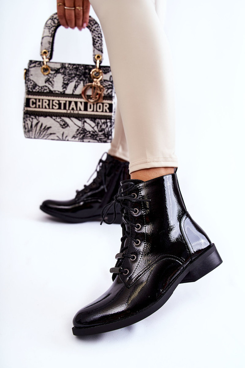 Klasyczne Lakierowane Damskie Ocieplane Botki Czarne Grimma