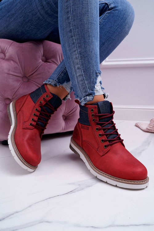 Damskie Botki Trapery Big Star Skórzane Bordowe EE274006