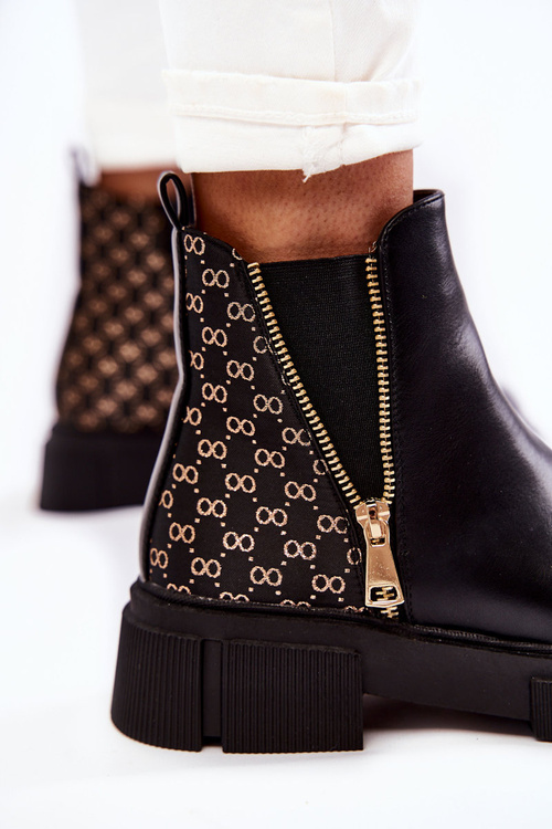 Damskie Botki Skórzane Z Ozdobnym Zamkiem Czarne Lorra