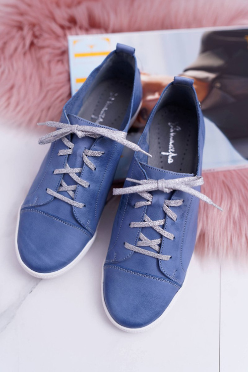 Półbuty Damskie Tenisówki Maciejka Skórzane Jasno Niebieskie 4049A