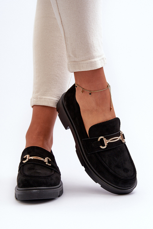 Mokasyny Damskie Ze Złotą Ozdobą Eko Zamszowe Czarne Lighas