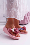 Damskie Klapki Z Kwiatem Japonki Na Koturnie Różowe Sharme