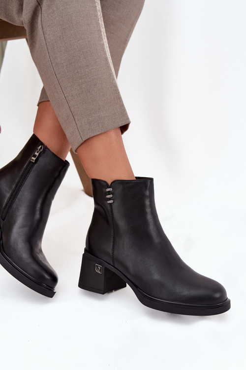 Skórzane Ocieplane Botki Damskie Na Klocku Vinceza 91159 Czarne