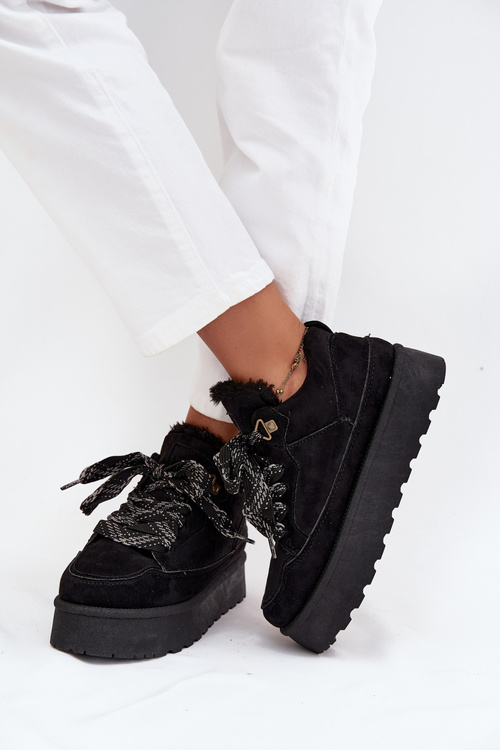 Sznurowane Śniegowce Damskie Na Platformie Ocieplane Futerkiem Czarne Tavelle