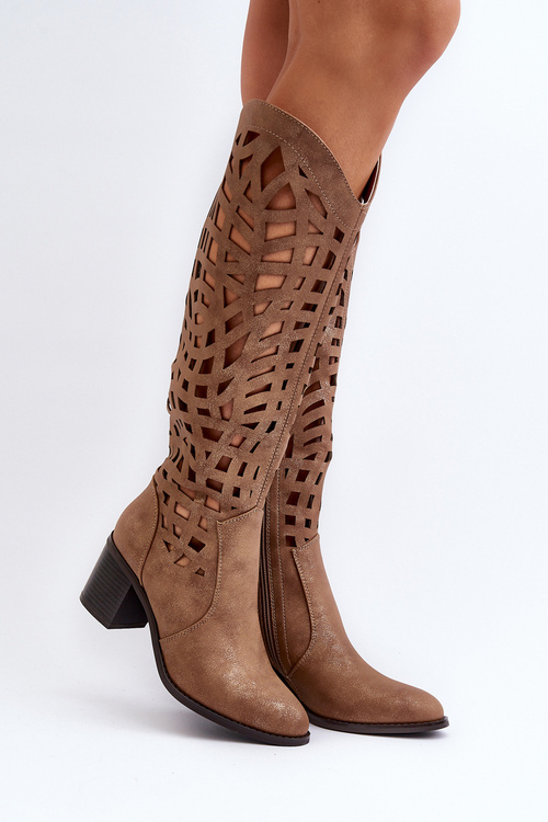 Ażurowe Kozaki Na Obcasie Brązowe Pinkema