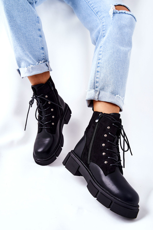 Skórzane Botki Workery Wiązane Czarne Your Way!