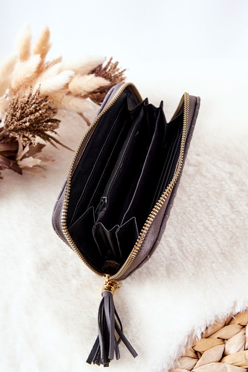 Pikowany Portfel Z Frędzelkiem Szary