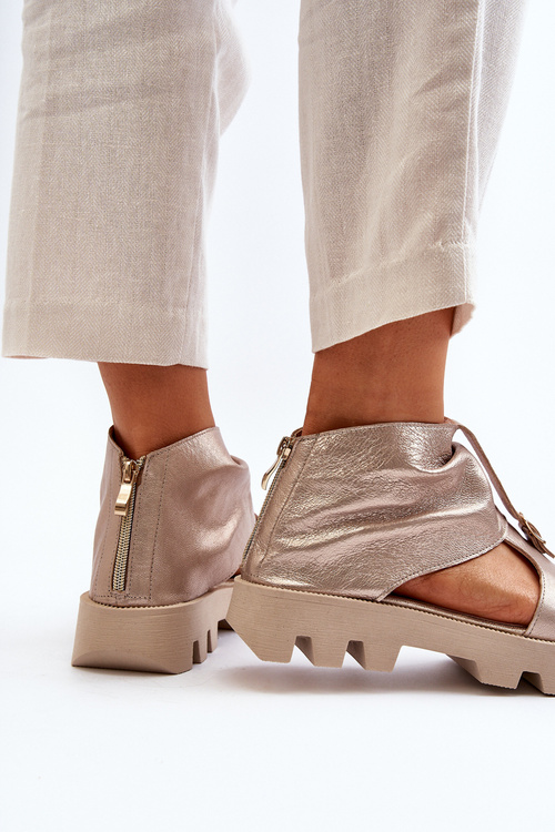 Zazoo 999 Skórzane Sandały Damskie Z Zamkiem Złote