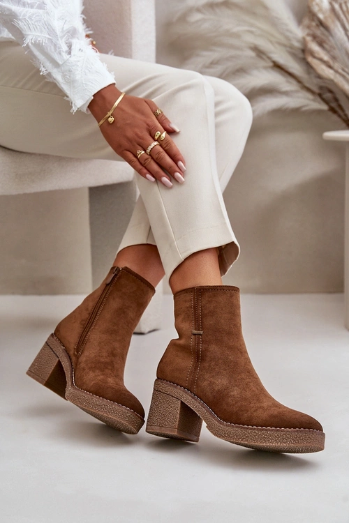 Botki Damskie Na Słupku Ocieplane Eko Zamszowe Khaki Arkesia