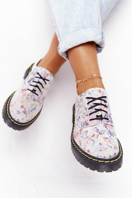 Damskie Skórzane Półbuty Oxfordy Maciejka 04087-38 Białe W Kwiaty