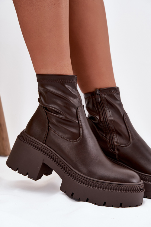 Botki Damskie Na Masywnym Obcasie I Platformie Eko Skórzane Brązowe Elvianne